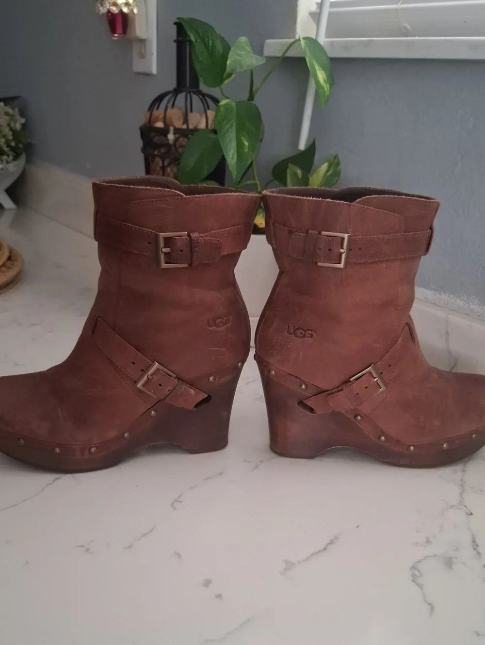 UGG Women's Brown Leather Wedge Booties with Buckle Detail